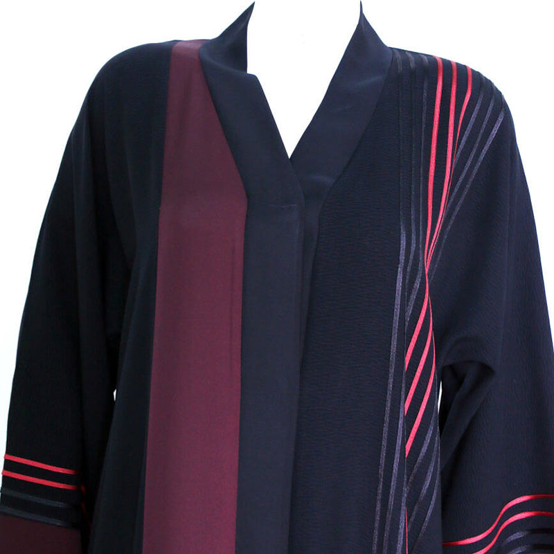Classic Black ABAYA with Subtle Red Silk Patches