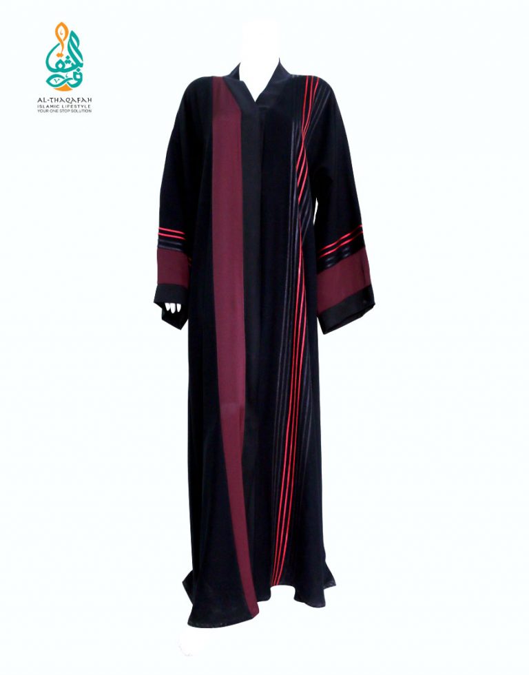 Classic Black ABAYA with Subtle Red Silk Patches
